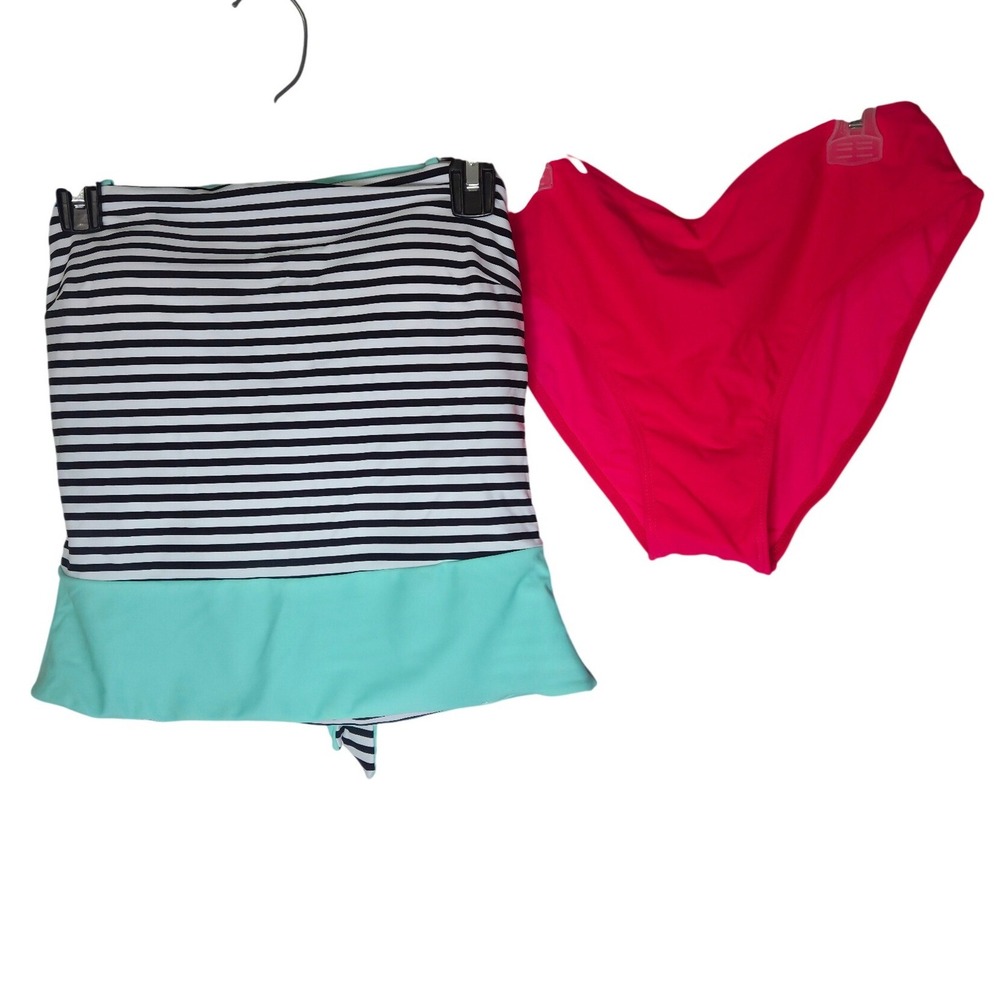 Popvil Striped Bandeau Peplum Tankini Set Pink High Waist Bottoms New L
